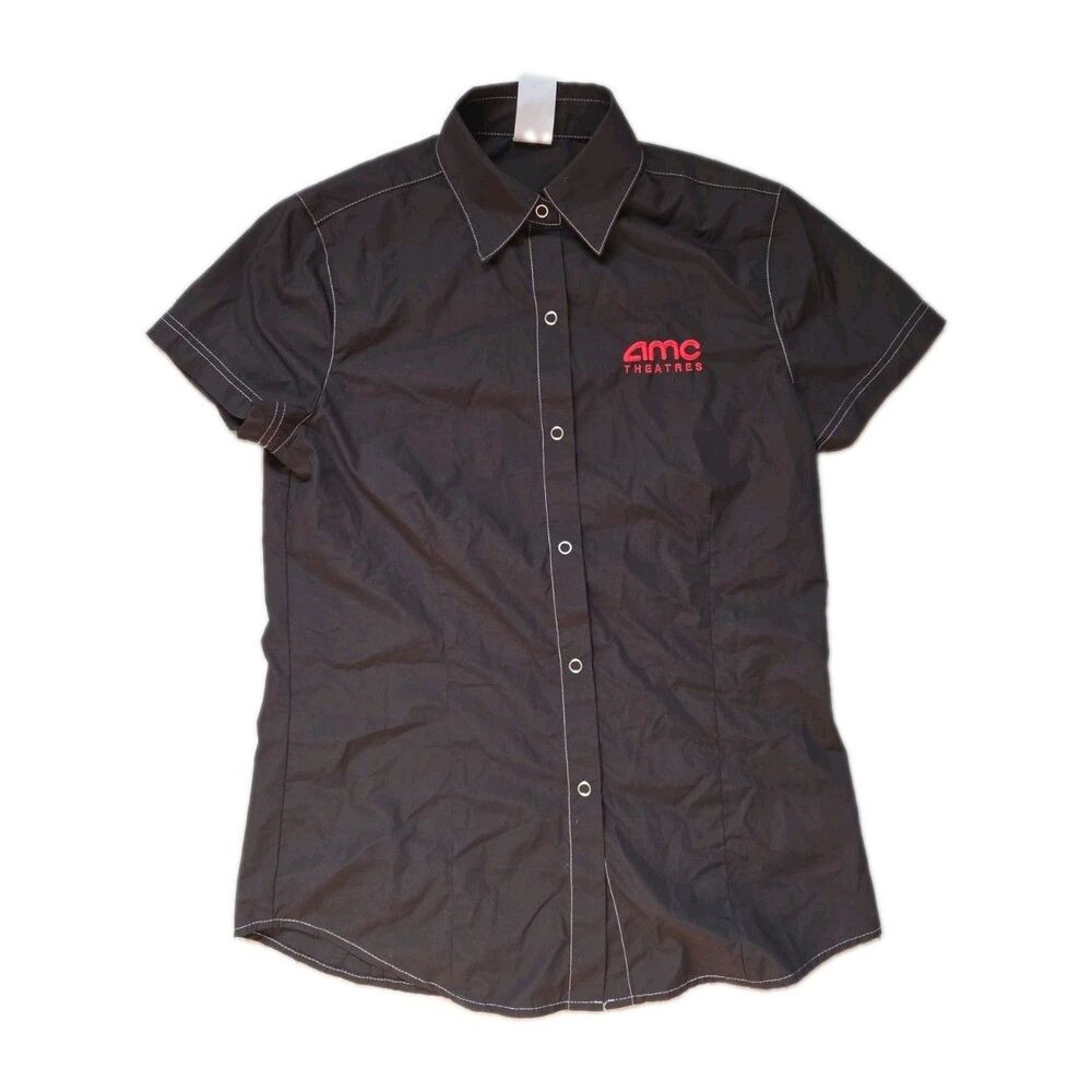 AMC Theatres Employee Uniform Snap Front Shirt Black Womens S Short Sleeve EUC